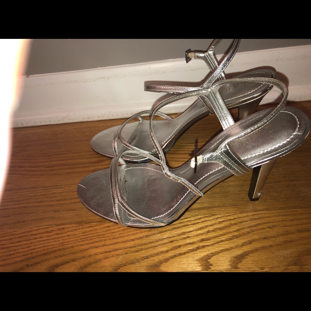 Women’s Ralph Lauren silver metallic open toe heels. Size 8.5.